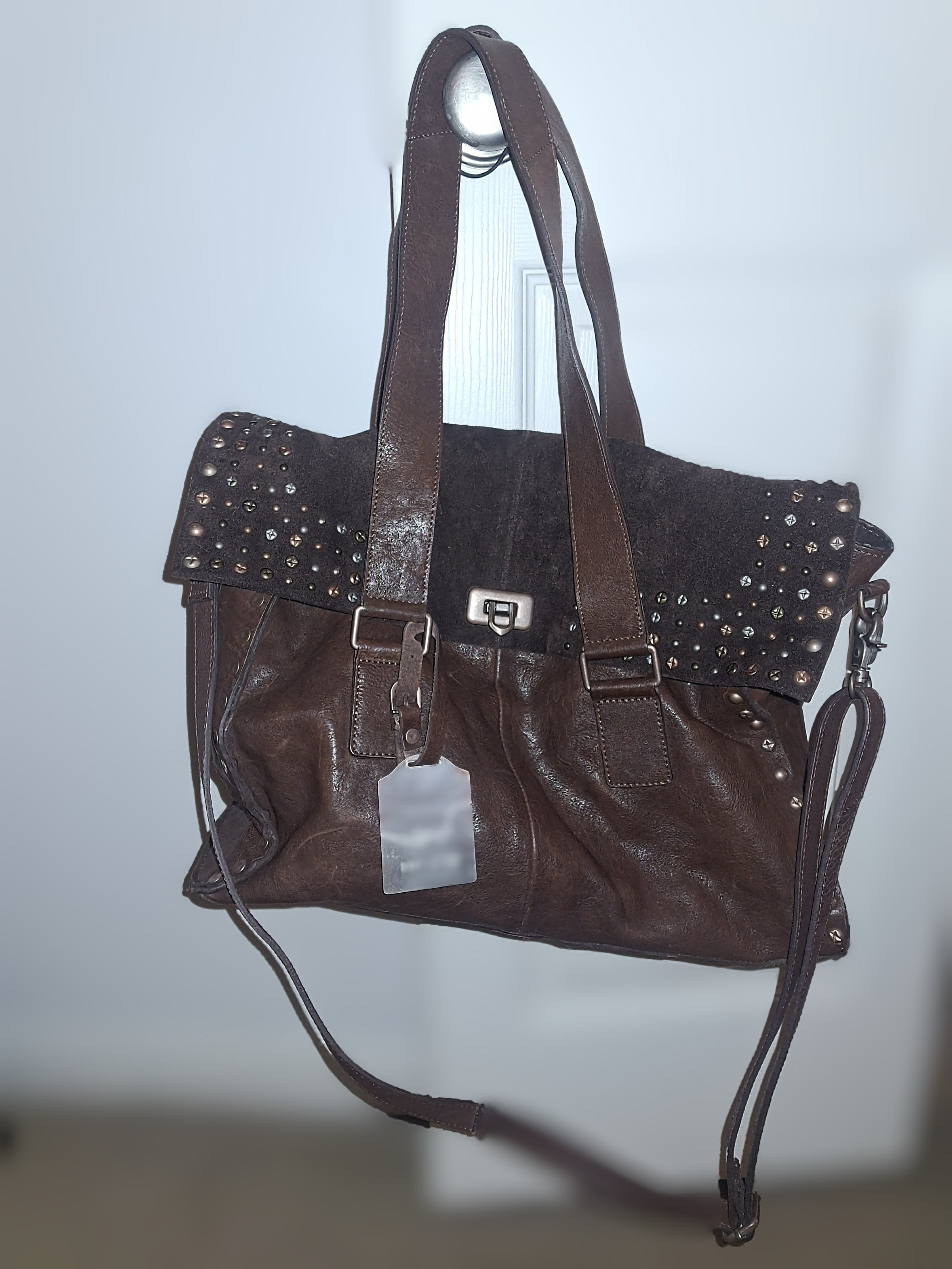 Free People Dark Brown Studded Leather Shoulder Bag